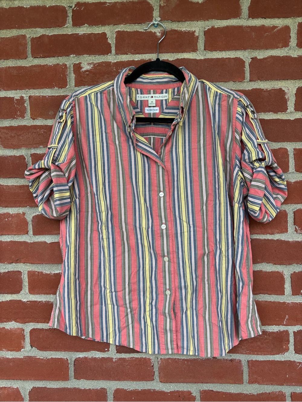 Tommy Hilfiger Coral, Yellow & Blue Striped Casual Button-Down Shirt